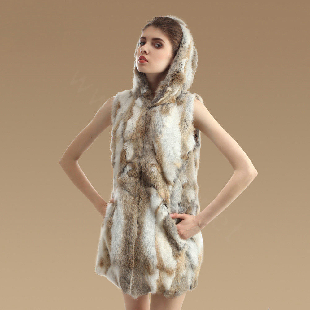 New Women Genuine Rabbit Fur Vest With Hooded Natural Rabbit Fur Waistcoats - Nature Yellow