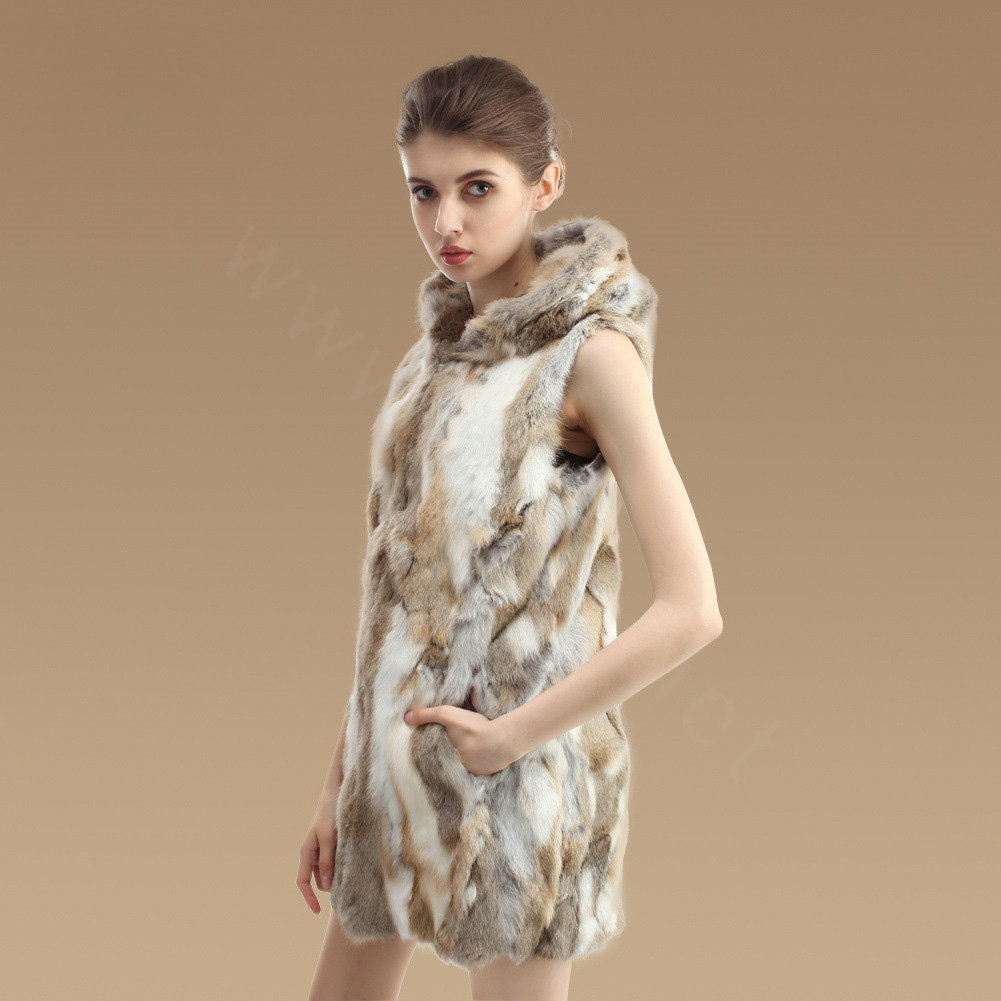 New Women Genuine Rabbit Fur Vest With Hooded Natural Rabbit Fur Waistcoats - Nature Yellow