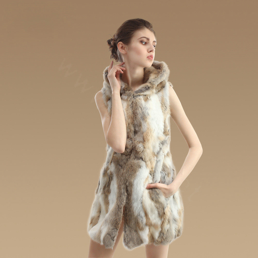 New Women Genuine Rabbit Fur Vest With Hooded Natural Rabbit Fur Waistcoats - Nature Yellow
