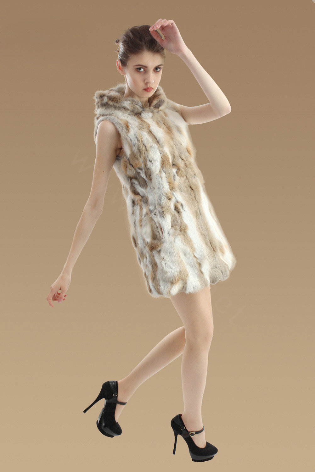 New Women Genuine Rabbit Fur Vest With Hooded Natural Rabbit Fur Waistcoats - Nature Yellow