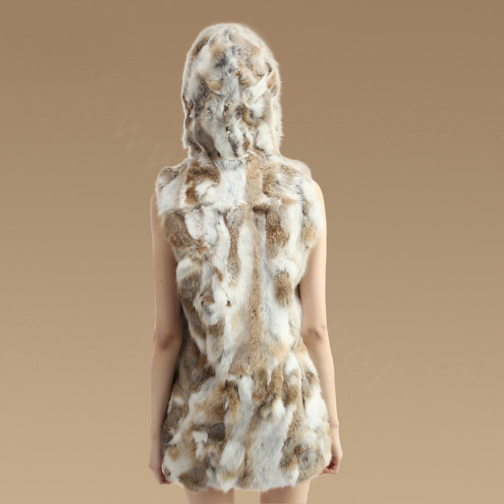 New Women Genuine Rabbit Fur Vest With Hooded Natural Rabbit Fur Waistcoats - Nature Yellow