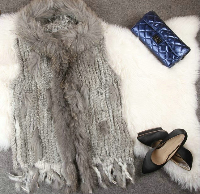 New Women Natural Rabbit Fur Vest With Hooded Large Raccoon Fur Collar Tassels Gilet - Grey