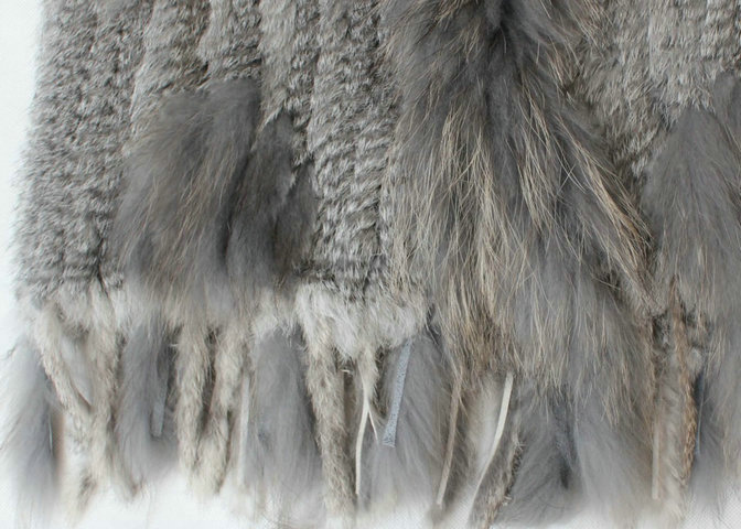 New Women Natural Rabbit Fur Vest With Hooded Large Raccoon Fur Collar Tassels Gilet - Grey