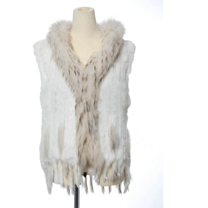 New Women Natural Rabbit Fur Vest With Hooded Large Raccoon Fur Collar Tassels Gilet - White