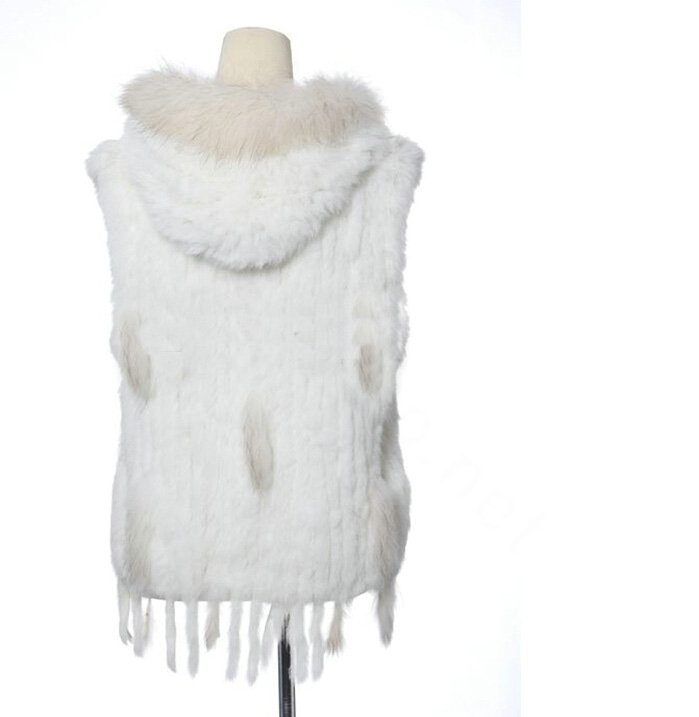 New Women Natural Rabbit Fur Vest With Hooded Large Raccoon Fur Collar Tassels Gilet - White