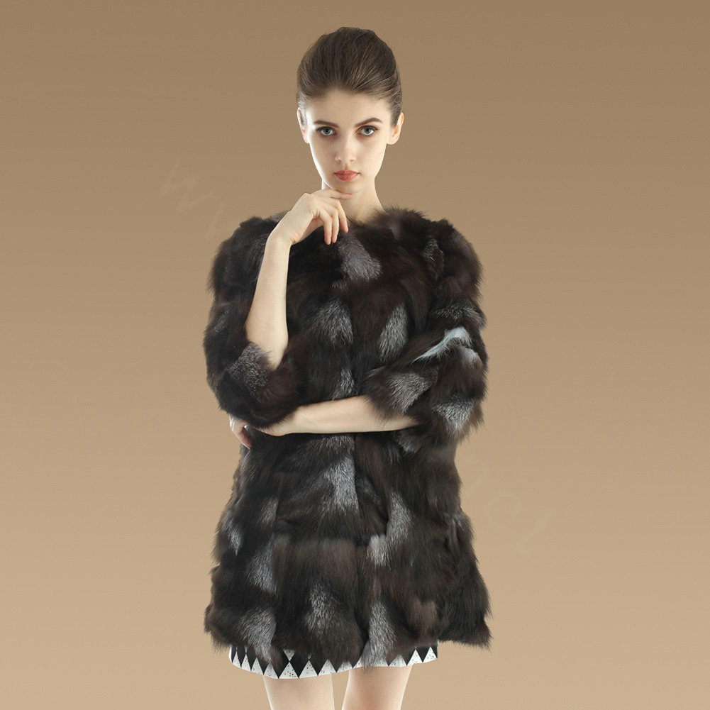 New Women Nature Silver Fox Fur Jacket Female Fashion Long Three Quarter Sleeve Real Fur Coat