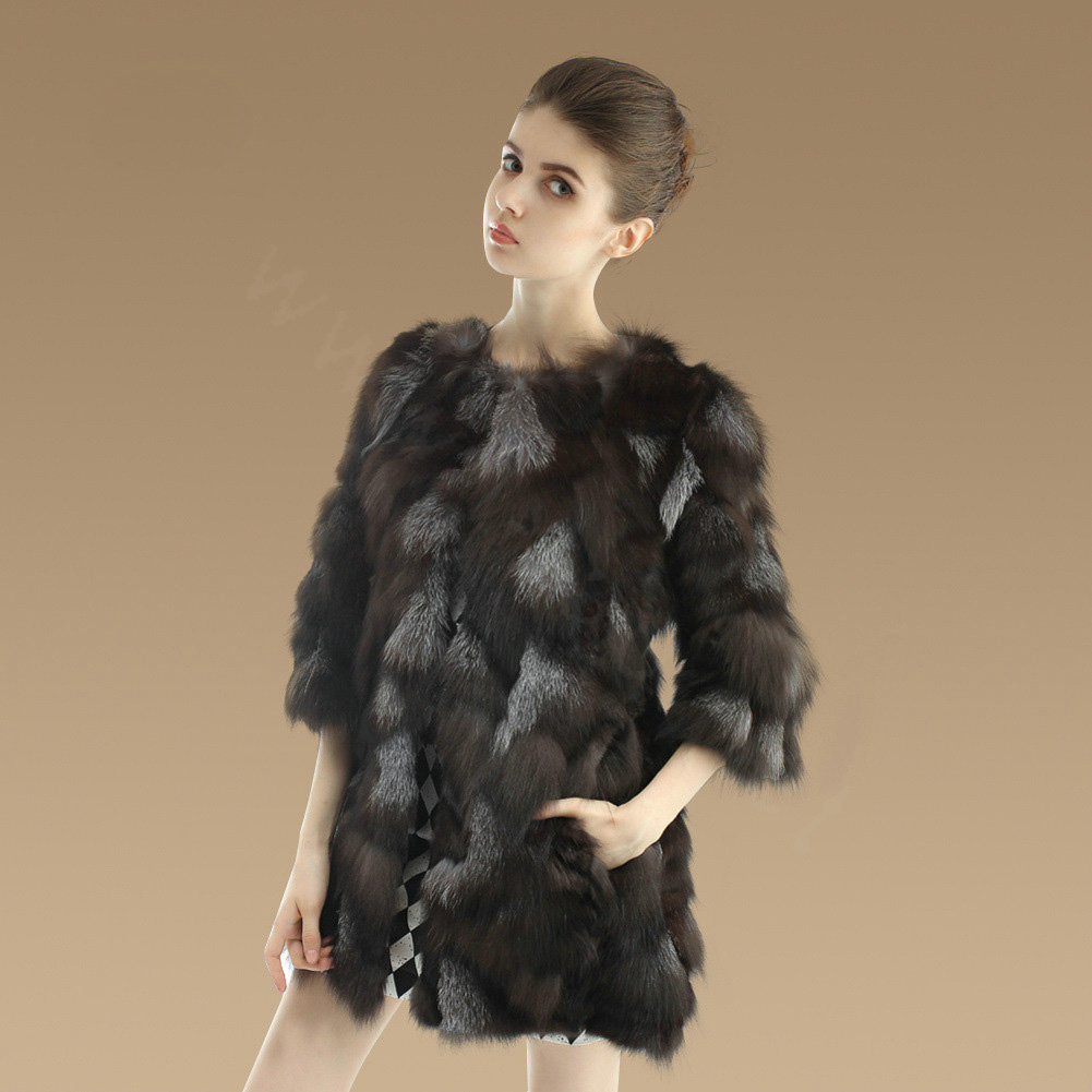 New Women Nature Silver Fox Fur Jacket Female Fashion Long Three Quarter Sleeve Real Fur Coat