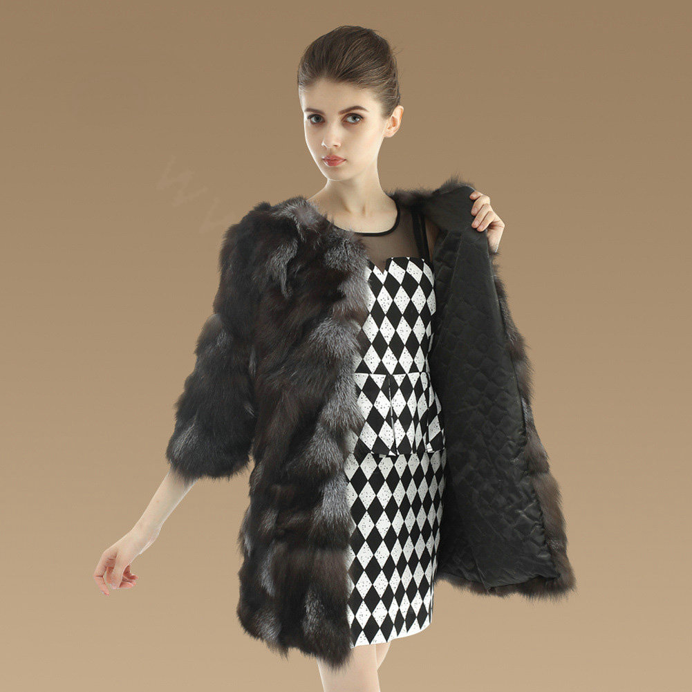 New Women Nature Silver Fox Fur Jacket Female Fashion Long Three Quarter Sleeve Real Fur Coat