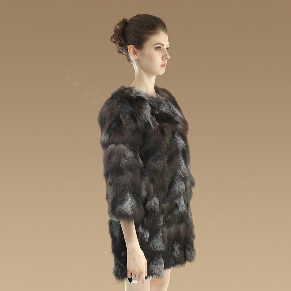 New Women Nature Silver Fox Fur Jacket Female Fashion Long Three Quarter Sleeve Real Fur Coat