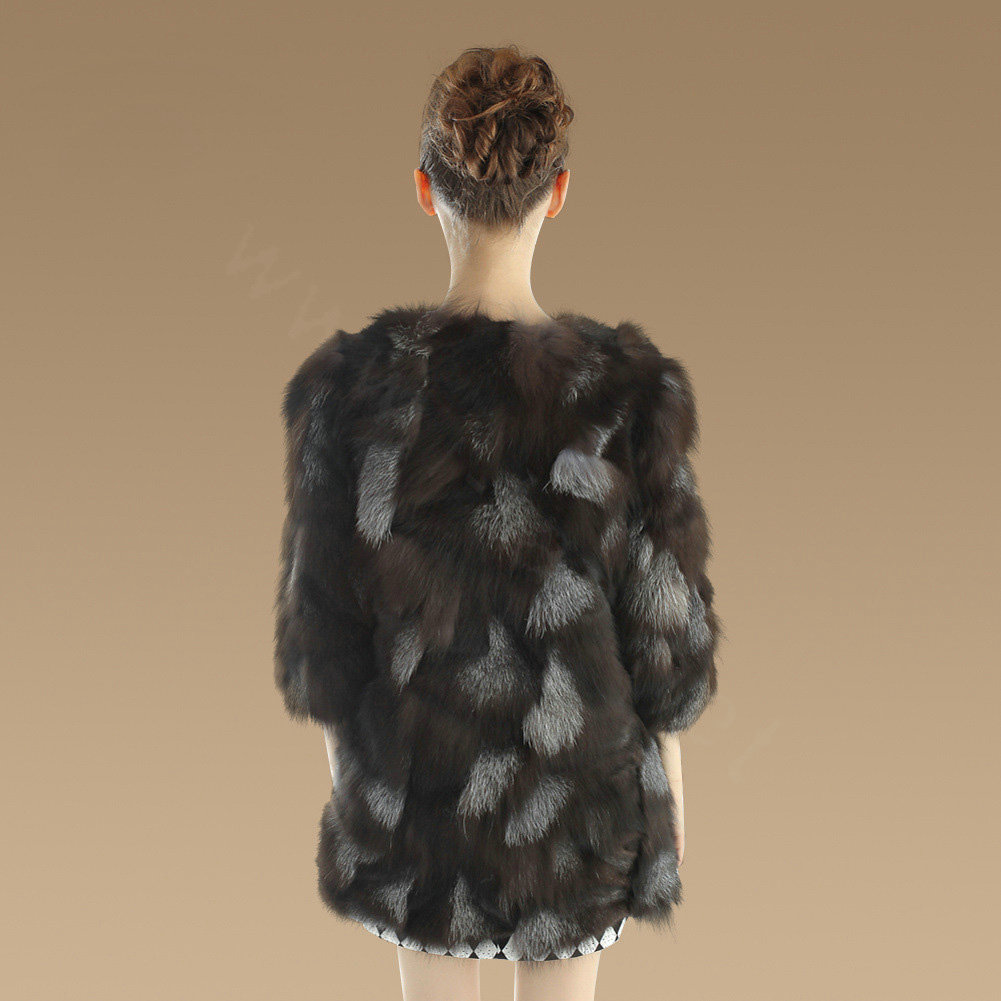 New Women Nature Silver Fox Fur Jacket Female Fashion Long Three Quarter Sleeve Real Fur Coat