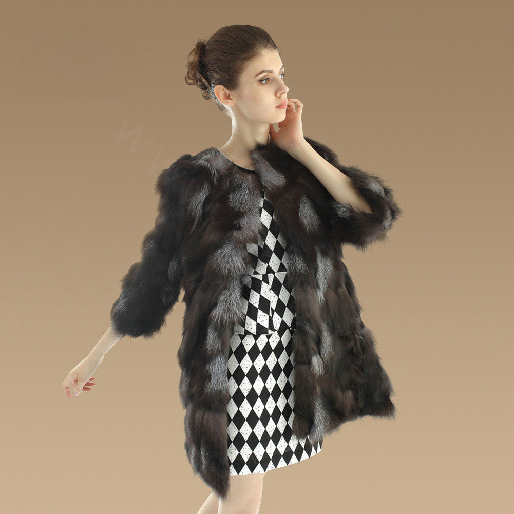 New Women Nature Silver Fox Fur Jacket Female Fashion Long Three Quarter Sleeve Real Fur Coat