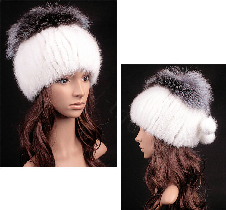 New Women Winter Knitted Beanies Genuine Mink Fur Hat With Silver Fox Fur Pom Poms Top - White