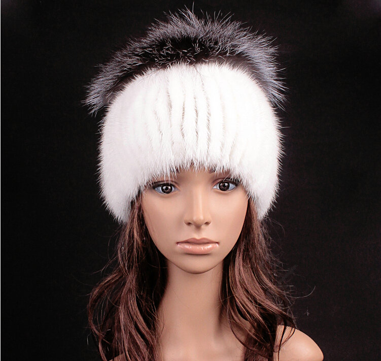 New Women Winter Knitted Beanies Genuine Mink Fur Hat With Silver Fox Fur Pom Poms Top - White