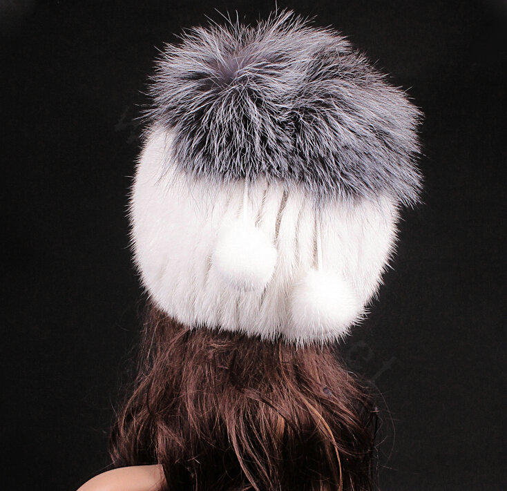 New Women Winter Knitted Beanies Genuine Mink Fur Hat With Silver Fox Fur Pom Poms Top - White