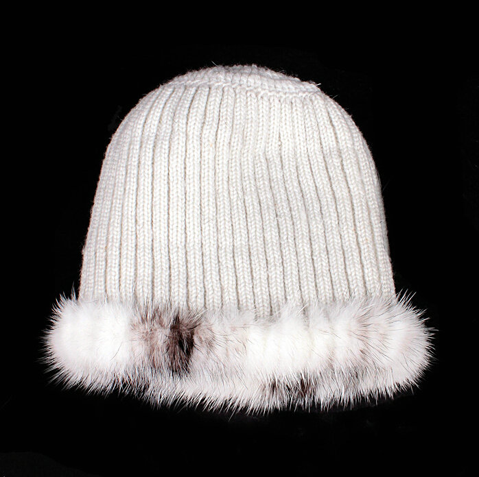 New Women Winter Knitted Beanies Genuine Mink Fur Hat With Silver Fox Fur Pom Poms Top - White