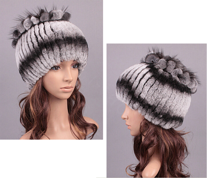 New Women Winter Knitted Beanies Genuine Rex Rabbit Fur Hat With Fox Fur Flower Top Hat - Grey