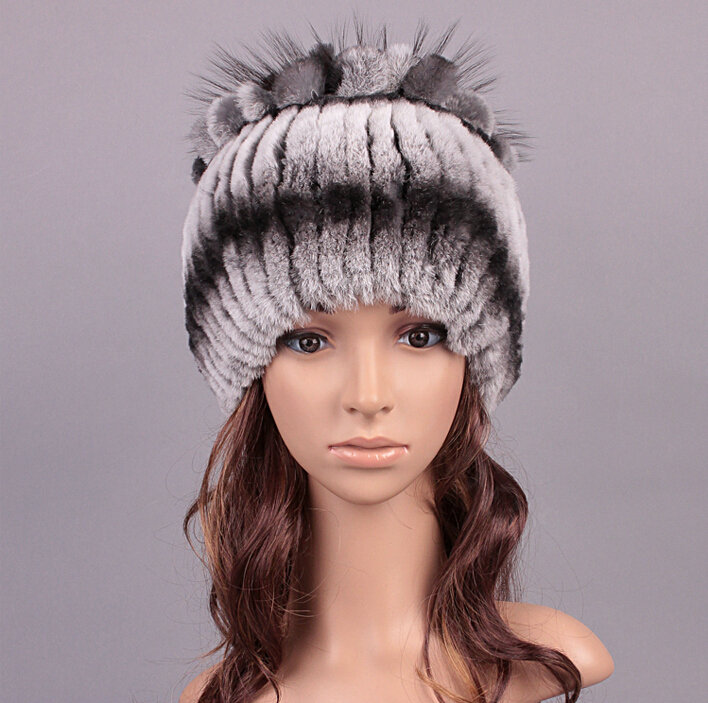 New Women Winter Knitted Beanies Genuine Rex Rabbit Fur Hat With Fox Fur Flower Top Hat - Grey