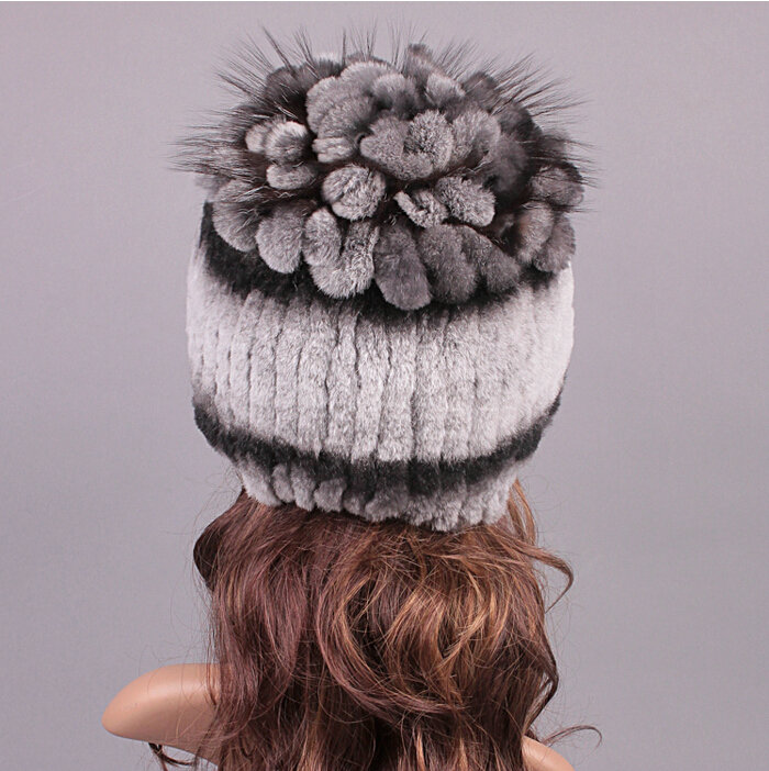 New Women Winter Knitted Beanies Genuine Rex Rabbit Fur Hat With Fox Fur Flower Top Hat - Grey