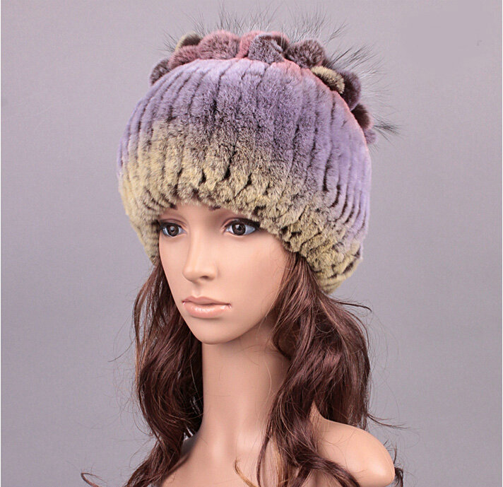New Women Winter Knitted Beanies Genuine Rex Rabbit Fur Hat With Fox Fur Flower Top Hat - Purple