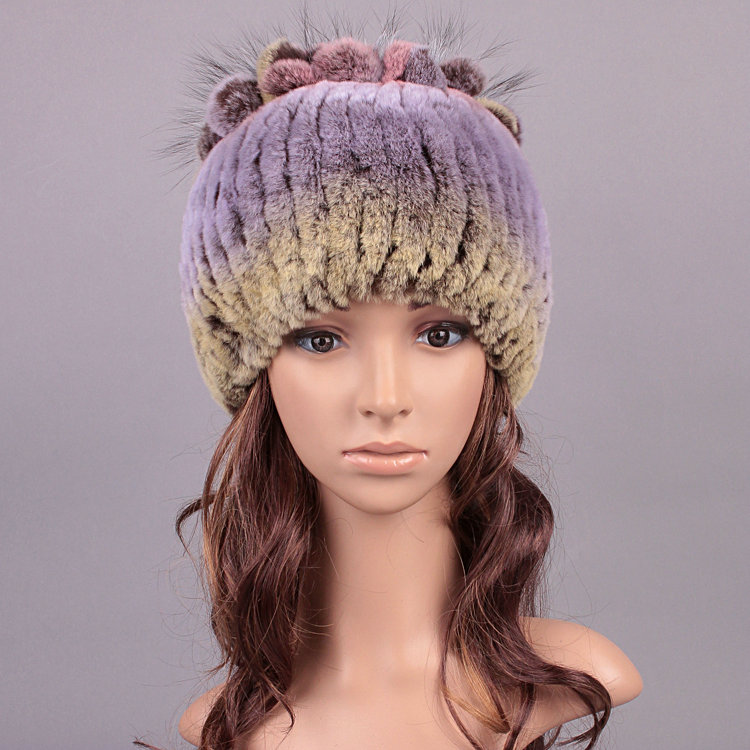 New Women Winter Knitted Beanies Genuine Rex Rabbit Fur Hat With Fox Fur Flower Top Hat - Purple