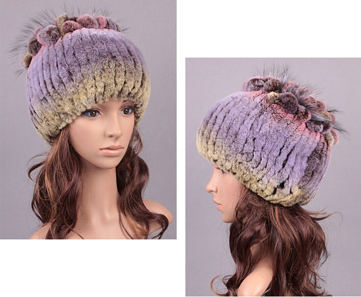 New Women Winter Knitted Beanies Genuine Rex Rabbit Fur Hat With Fox Fur Flower Top Hat - Purple