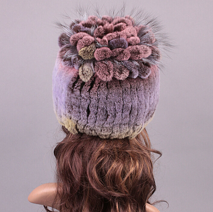New Women Winter Knitted Beanies Genuine Rex Rabbit Fur Hat With Fox Fur Flower Top Hat - Purple