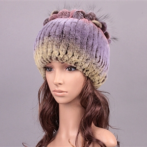 New Women Winter Knitted Beanies Genuine Rex Rabbit Fur Hat With Fox Fur Flower Top Hat - Purple