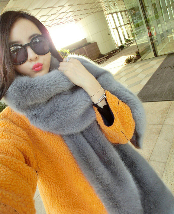 New arrival Luxury Fashion Fox Fur Scarf Fur Muffler Shawls Women Large Faux Fox Fur Bib Collar - Gray