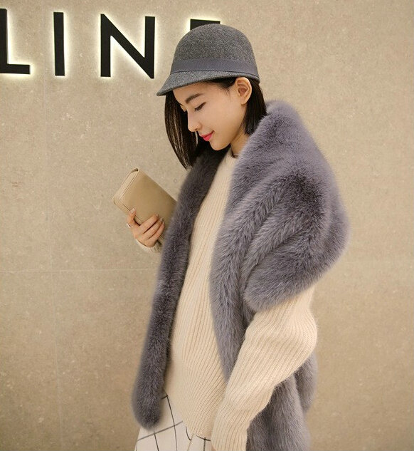 New arrival Luxury Fashion Fox Fur Scarf Fur Muffler Shawls Women Large Faux Fox Fur Bib Collar - Gray