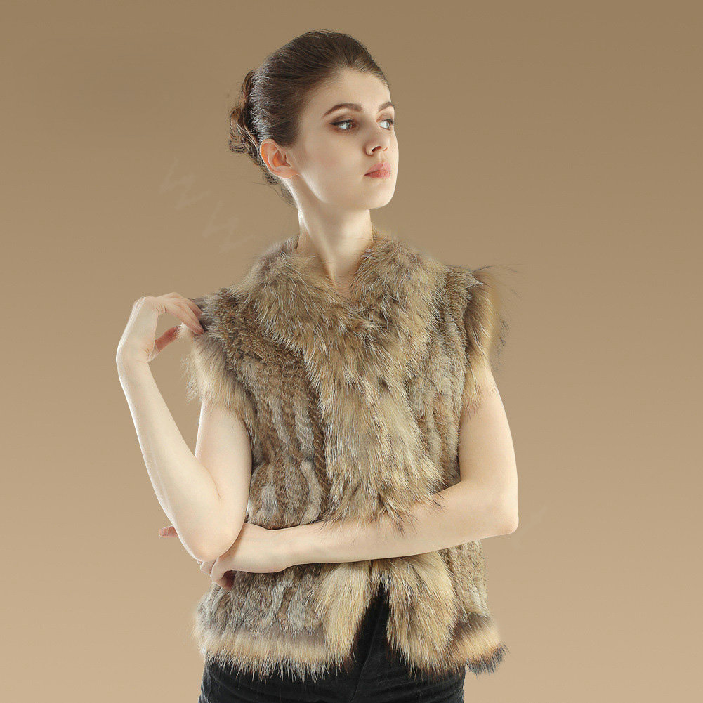 Newest Genuine Knitted Rabbit Fur Waistcoat With Raccoon Fur Collar Women Fur Vest - Brown