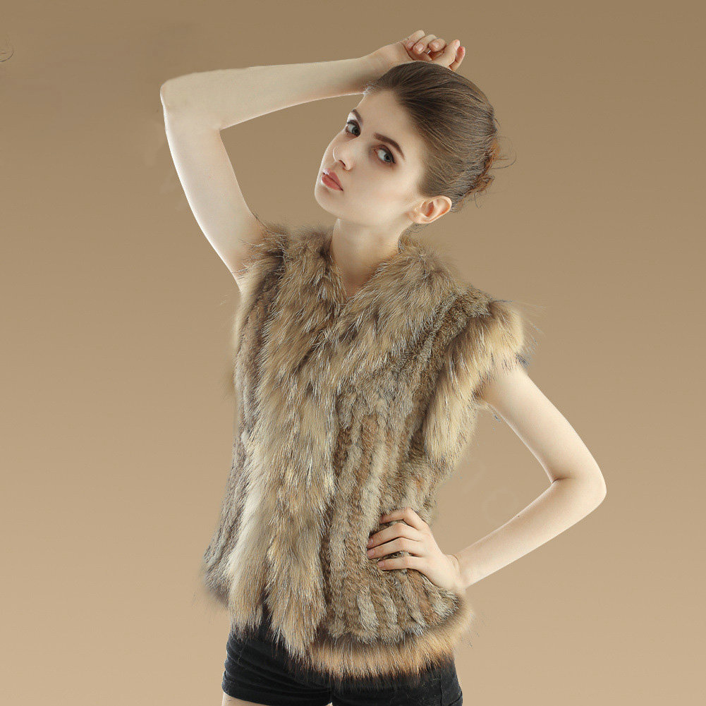 Newest Genuine Knitted Rabbit Fur Waistcoat With Raccoon Fur Collar Women Fur Vest - Brown