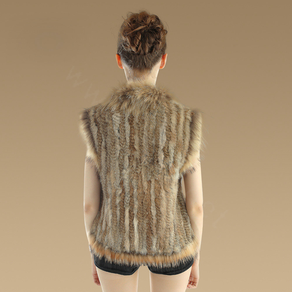Newest Genuine Knitted Rabbit Fur Waistcoat With Raccoon Fur Collar Women Fur Vest - Brown