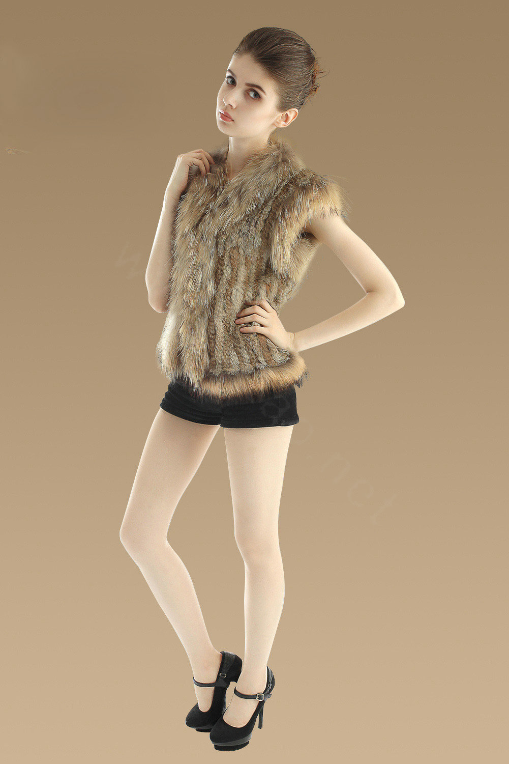 Newest Genuine Knitted Rabbit Fur Waistcoat With Raccoon Fur Collar Women Fur Vest - Brown
