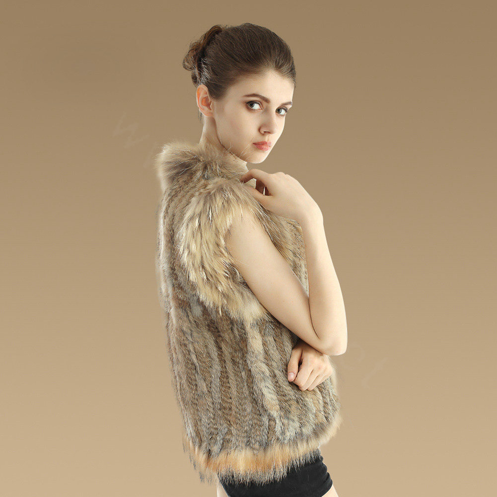 Newest Genuine Knitted Rabbit Fur Waistcoat With Raccoon Fur Collar Women Fur Vest - Brown