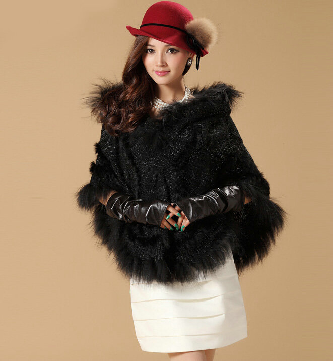 Newest Raccoon Fur Collar Autumn Winter Rabbit Fur Shawl Poncho With Hoody Knitted Women's Sweatercoat Black