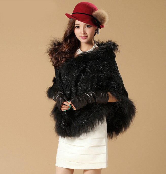 Newest Raccoon Fur Collar Autumn Winter Rabbit Fur Shawl Poncho With Hoody Knitted Women's Sweatercoat Black