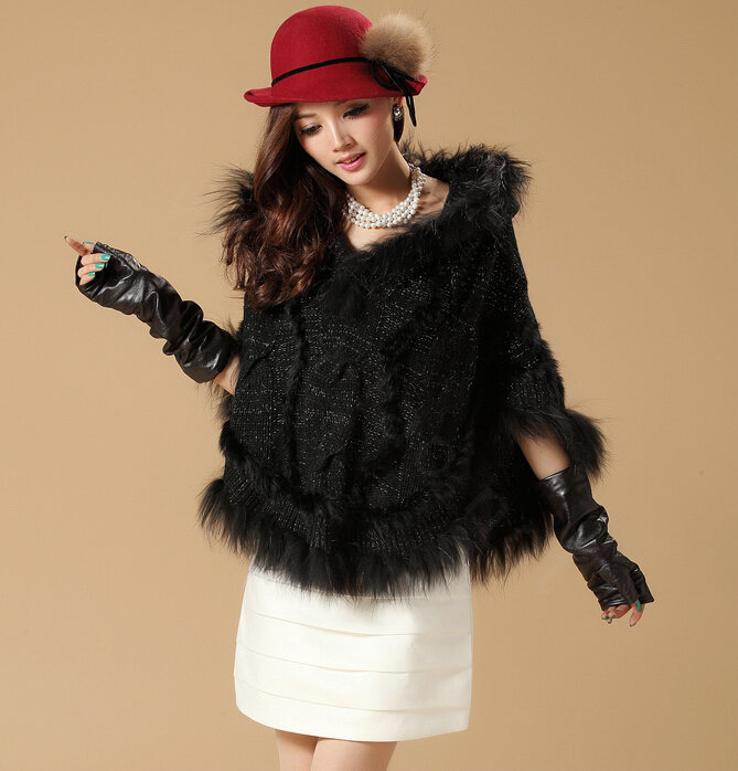 Newest Raccoon Fur Collar Autumn Winter Rabbit Fur Shawl Poncho With Hoody Knitted Women's Sweatercoat Black