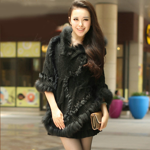 Newest Raccoon Fur Collar Autumn Winter Rabbit Fur Shawl Poncho With Hoody Knitted Women's Sweatercoat Black