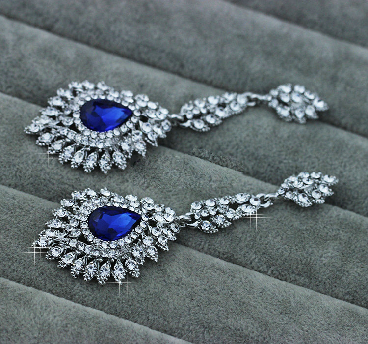 Noble Design Top Quality Teardrop Blue Crystal White Gold Plated Long Drop Earrings jewelry for Women