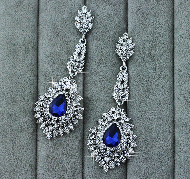 Noble Design Top Quality Teardrop Blue Crystal White Gold Plated Long Drop Earrings jewelry for Women