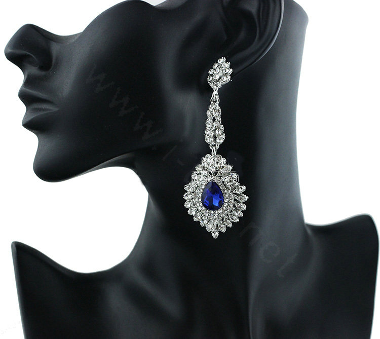 Noble Design Top Quality Teardrop Blue Crystal White Gold Plated Long Drop Earrings jewelry for Women