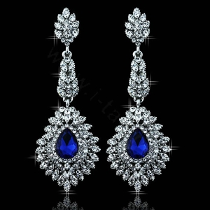 Noble Design Top Quality Teardrop Blue Crystal White Gold Plated Long Drop Earrings jewelry for Women