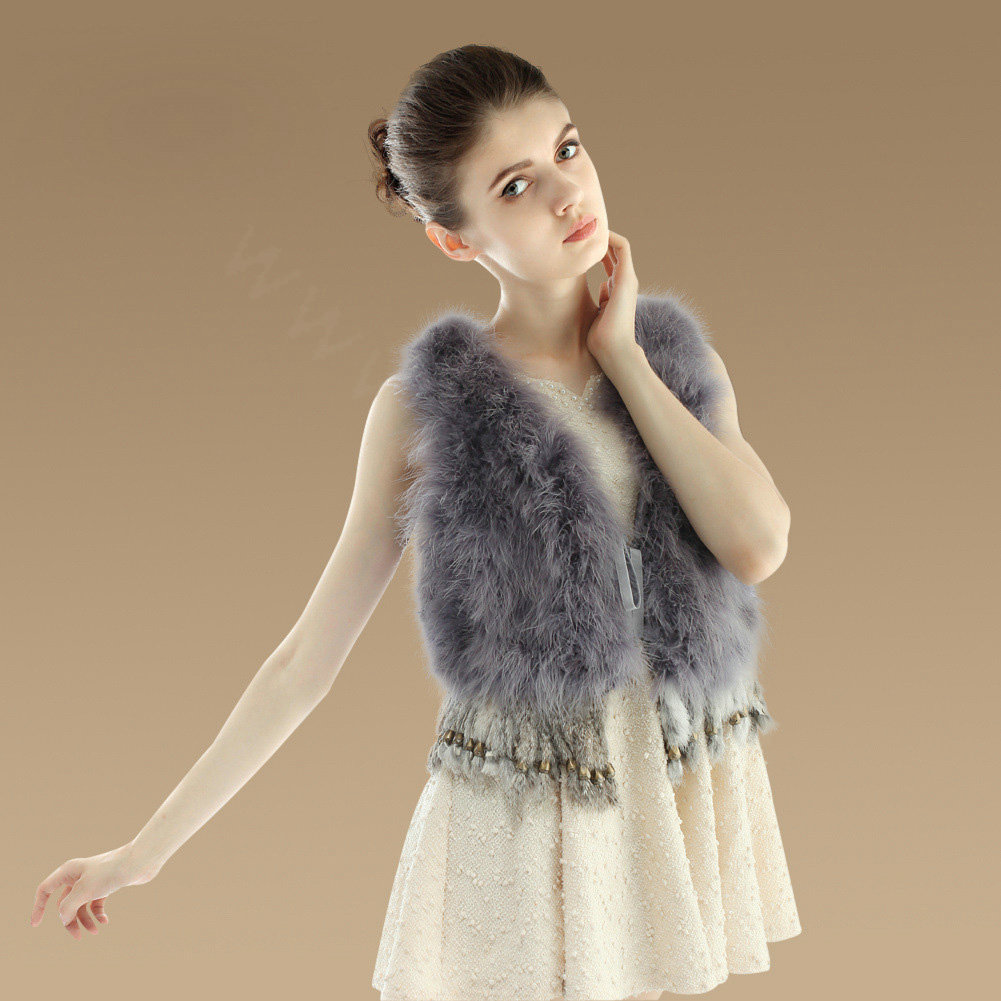 Noble Nature Turkey Fur Vest With Ostrich Fur Waistcoat Fashion Women Fur Tassels Gilet - Grey