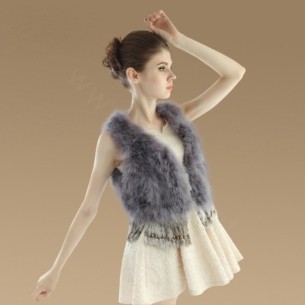 Noble Nature Turkey Fur Vest With Ostrich Fur Waistcoat Fashion Women Fur Tassels Gilet - Grey