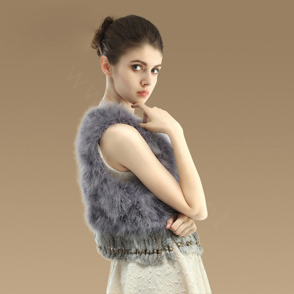 Noble Nature Turkey Fur Vest With Ostrich Fur Waistcoat Fashion Women Fur Tassels Gilet - Grey