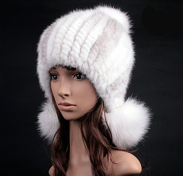 Noble Winter Genuine Cross Mink Fur Caps With Fox Fur Pom Poms Women Knitted Bomber Hat - White