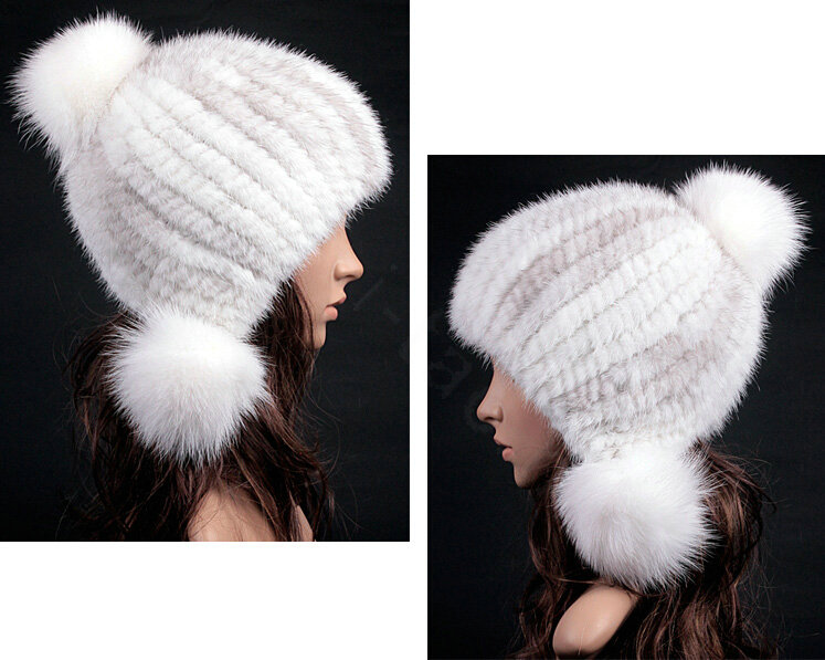 Noble Winter Genuine Cross Mink Fur Caps With Fox Fur Pom Poms Women Knitted Bomber Hat - White