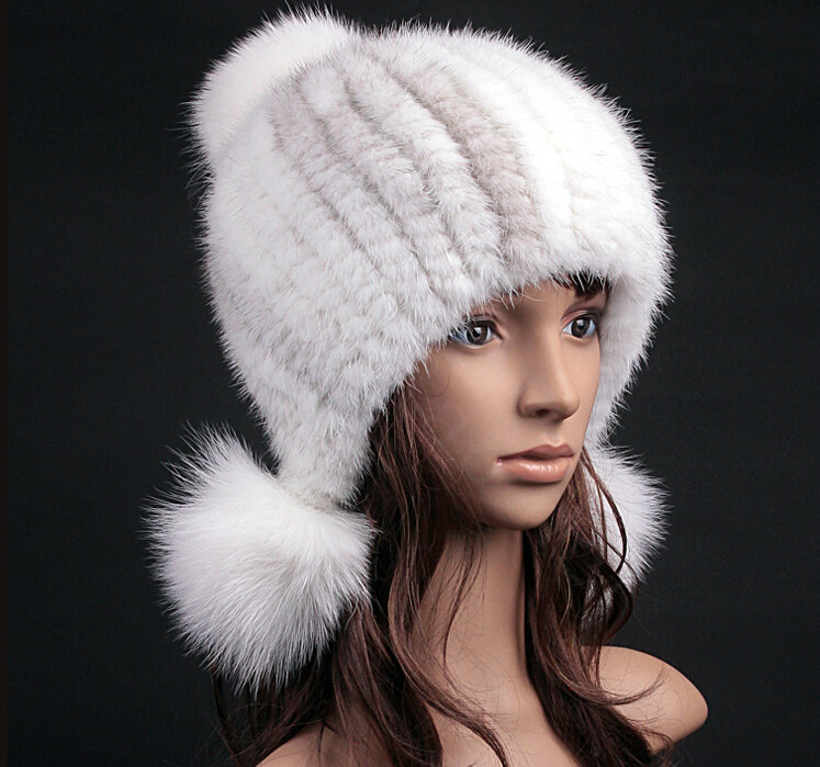 Noble Winter Genuine Cross Mink Fur Caps With Fox Fur Pom Poms Women Knitted Bomber Hat - White