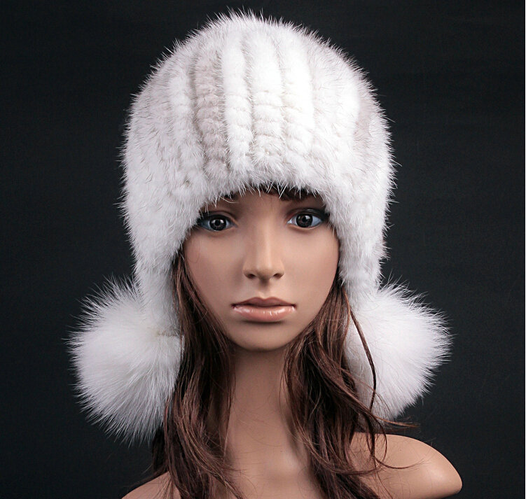 Noble Winter Genuine Cross Mink Fur Caps With Fox Fur Pom Poms Women Knitted Bomber Hat - White