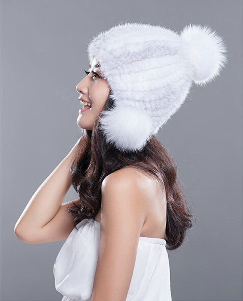 Noble Winter Genuine Cross Mink Fur Caps With Fox Fur Pom Poms Women Knitted Bomber Hat - White